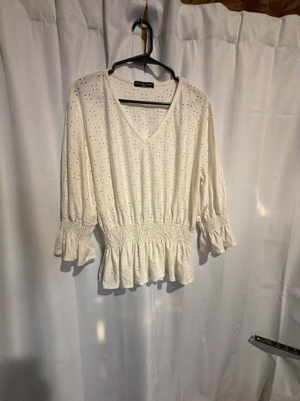 Kim & Cami White Eyelet V-Neck Smocked Waist Ruffle Sleeve Blouse Medium